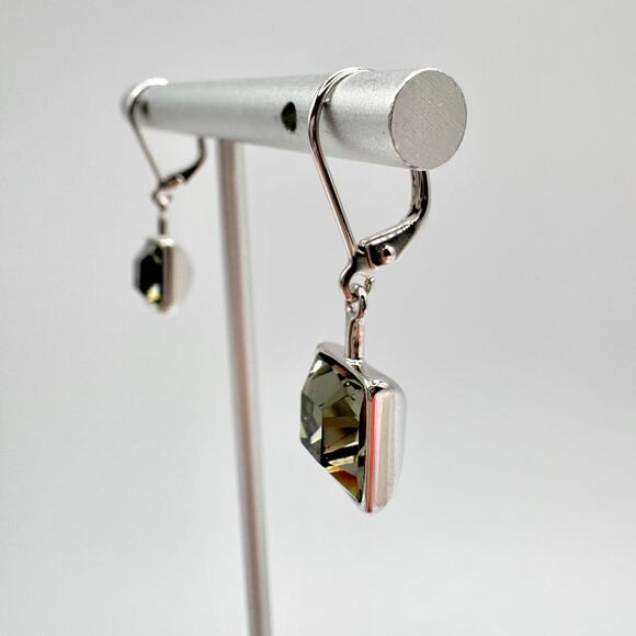 Touchstone Crystal By Swarovski Smokey Silver Tone Leverback Earrings Sparkly - Picture 4 of 14